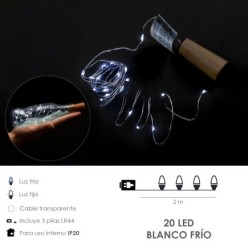 Luces Navidad Guirnalda Led con Tapon 20 Microled Blanco Frio IP20, A Pilas 3 LR44 (Si Incluidas)