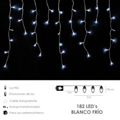 Guirnalda Luces Navidad Cortina 5x1 Metros 182 Leds Blanco Frio, Luz Navidad Interiores y Exteriores Ip44, Cable Transparente