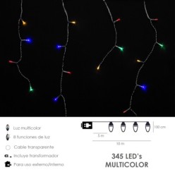 Guirnalda Luces Navidad Cortina 10x1 Metros 345 Leds Multicolor, Luz Navidad Interiores y Exteriores Ip44, Cable Transparente