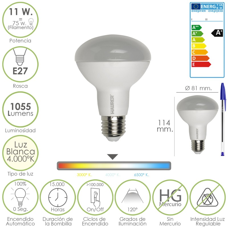 Bombilla Led Standar Rosca E27 (Gorda) 11 Watt, Equivale a 75 Watt, 1055 Lumenes, Luz Blanca (4,000º K) A+