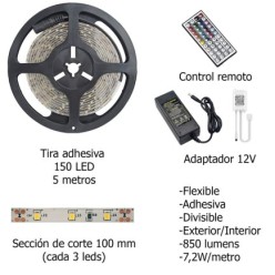 Tira Led Multicolor Rgb Con Mando Adhesiva Con 150 Leds 36 W 12 V, 850 Lumenes Luz Multicolor IP 20 5 Metros