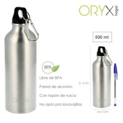 Botella de Agua Aluminio Con mosqueton, Cierre hermetico 500 ml,
