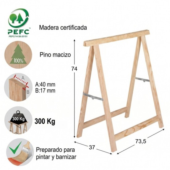 Caballete Madera de Pino Macizo 74x74cm Alto al por Mayor | Almacén de Ferretería