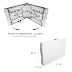 Mesa Plegable Rectangular HDPE Multifuncional, Portatil, Resistente,Multiusos 180x74x74 cm, Color Blanco