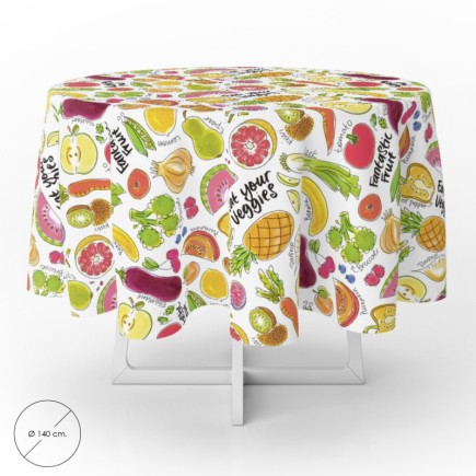 Mantel Hule Redondo Frutas Fantasia Impermeable Antimanchas PVC Ø 140 cm, Uso Interior y Exterior