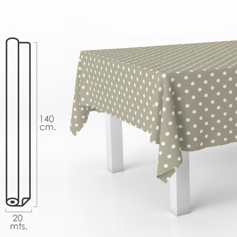 Mantel Hule Rectangular Topos Beige, Impermeable Antimanchas PVC 140 cm, x 20 metros, Rollo Recortable, Interior y Exterior