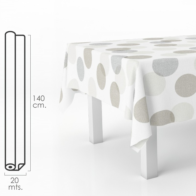 Mantel Hule Rectangular Circulos Beis, Impermeable Antimanchas PVC 140 cm, x 20 metros, Rollo Recortable, Interior y Exterior