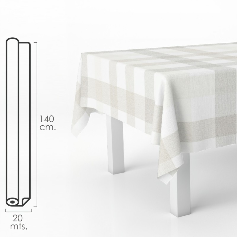 Mantel Hule Rectangular Cuadros Beis, Impermeable Antimanchas PVC 140 cm, x 20 metros, Rollo Recortable, Interior y Exterior