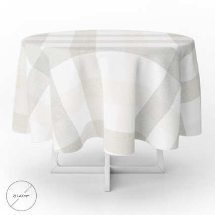 Mantel Hule Redondo Cuadros Beige Impermeable Antimanchas PVC Ø 140 cm, Uso Interior y Exterior