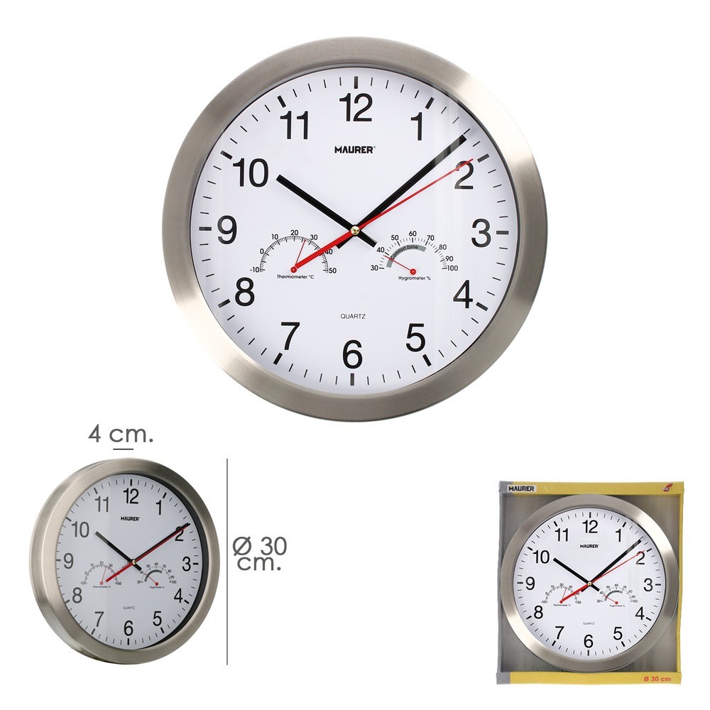 Reloj De Pared Ø 30 cm, Con Higrometro y Termometro, Frontal En Acero al por Mayor | Almacén de Ferretería