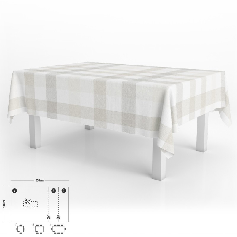 Mantel Hule Rectangular Cuadros Beige Impermeable Antimanchas PVC 140x250 cm,  Recortable Uso Interior y Exterior