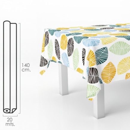 Mantel Hule Rectangular Hojas Colores, Impermeable Antimanchas PVC 140 cm, x 20 metros, Rollo Recortable, Interior y Exterior