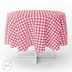 Mantel Hule Redondo Cuadros Rojos Impermeable Antimanchas PVC Ø140 cm, Uso Interior y Exterior