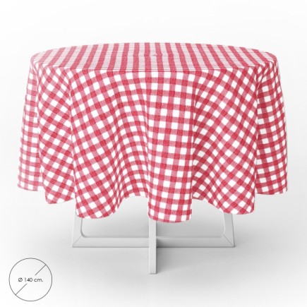 Mantel Hule Redondo Cuadros Rojos Impermeable Antimanchas PVC Ø140 cm, Uso Interior y Exterior