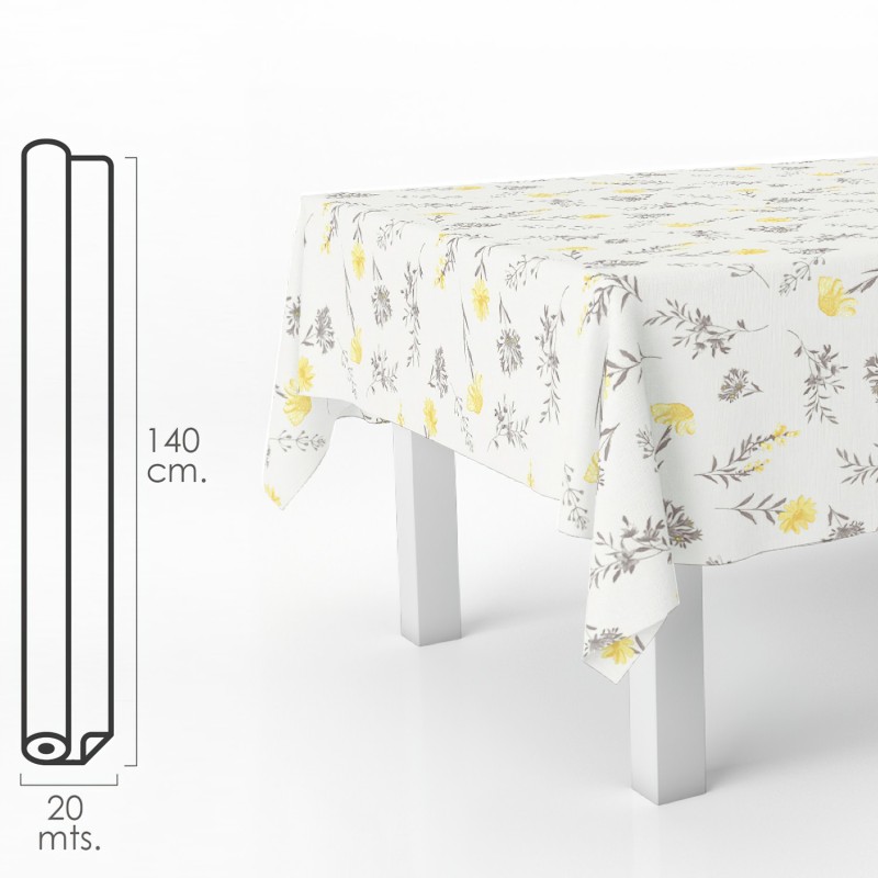 Mantel Hule Rectangular Flores Amarillas, Impermeable Antimanchas PVC 140 cm, x 20 metros, Rollo Recortable, Interior y Exterior