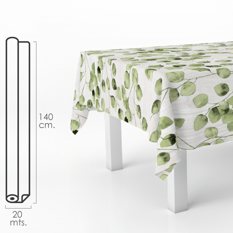 Mantel Hule Rectangular Hojas Verdes, Impermeable Antimanchas PVC 140 cm, x 20 metros, Rollo Recortable, Interior y Exterior