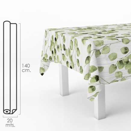 Mantel Hule Rectangular Hojas Verdes, Impermeable Antimanchas PVC 140 cm, x 20 metros, Rollo Recortable, Interior y Exterior