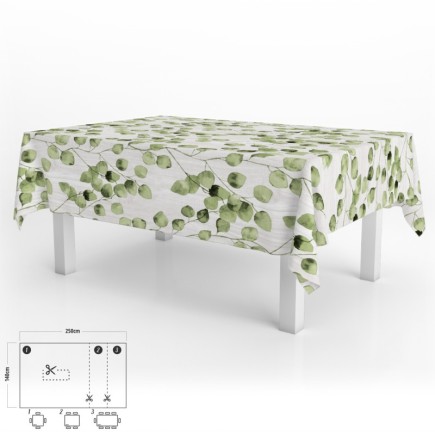 Mantel Hule Rectangular Hojas Verdes Impermeable Antimanchas PVC 140x250 cm,  Recortable Uso Interior y Exterior