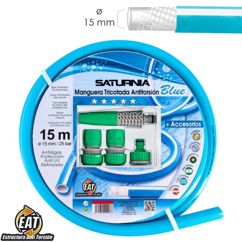 Manguera Tricotada No Torsion Blue Ø 15 mm, Rollo 15 metros, Con Accesorios,  Manguera Anti Torsion, Manguera Sin Dobleces,