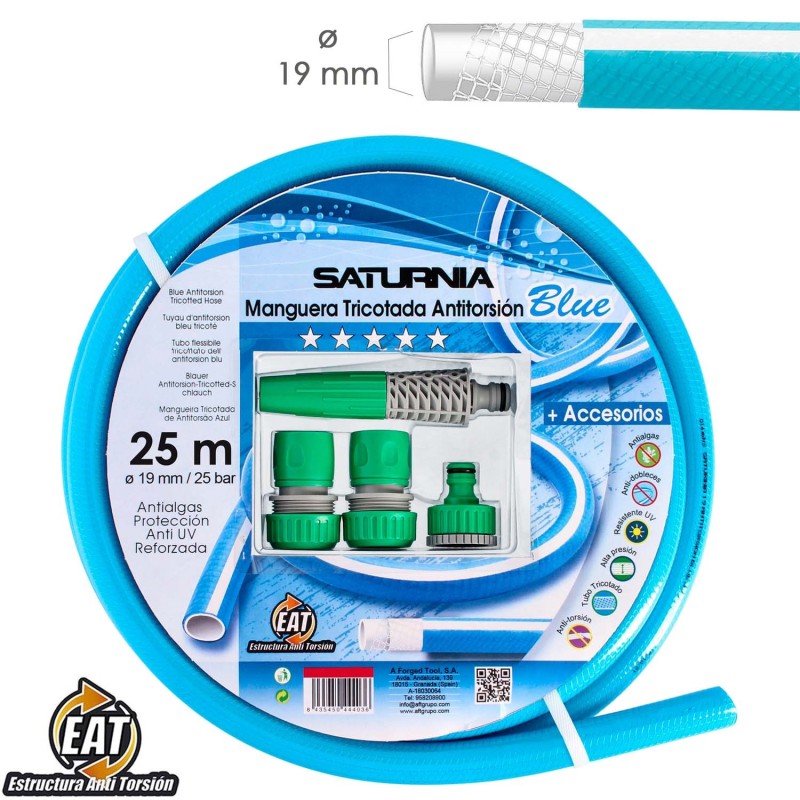 Manguera Tricotada No Torsion Blue Ø 19 mm, Rollo 25 metros, Con Accesorios,  Manguera Anti Torsion, Manguera Sin Dobleces,