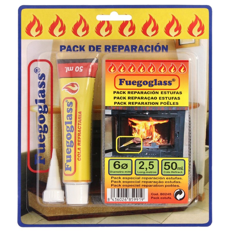 Kit Reparacion Estufas/Chimeneas, Cola Refractaria y Cordon Fibra Vidrio 6 mm, x 2,5 m,