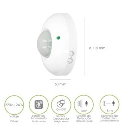 Detector De Movimiento Por Infrarrojos Con Sensor Crepuscular 360°, Ajustable
