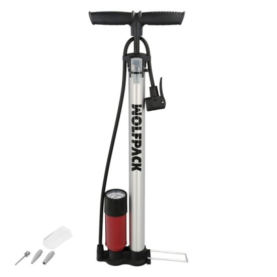 Bomba Inflar Bicicleta Con Manometro, Doble Boquilla Valvula Presta y Schrader, Con Adaptadores, Ø 32 x 500 mm, 10 BAR / 160 PSI
