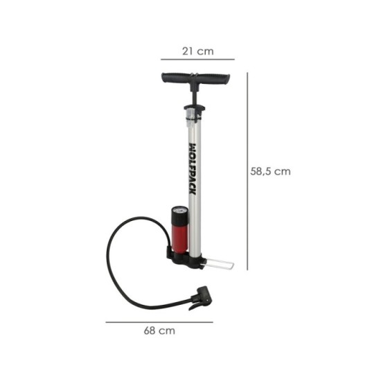 Bomba Inflar Bicicleta Con Manometro, Doble Boquilla Valvula Presta y Schrader, Con Adaptadores, Ø 32 x 500 mm, 10 BAR / 160 PSI