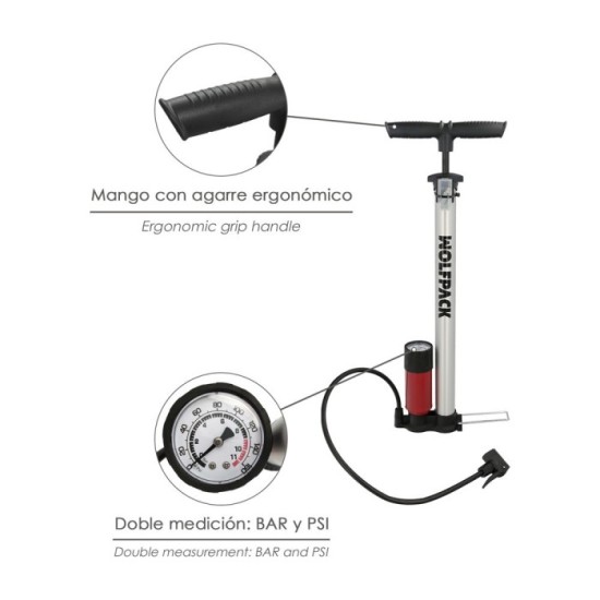 Bomba Inflar Bicicleta Con Manometro, Doble Boquilla Valvula Presta y Schrader, Con Adaptadores, Ø 32 x 500 mm, 10 BAR / 160 PSI