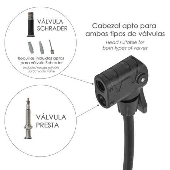 Bomba Inflar Bicicleta Con Manometro, Doble Boquilla Valvula Presta y Schrader, Con Adaptadores, Ø 32 x 500 mm, 10 BAR / 160 PSI