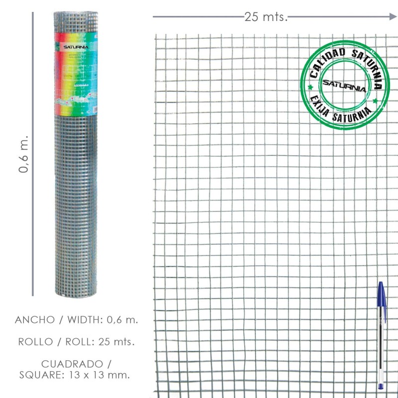 Malla Electrosoldada Galvanizada 13x13 / Altura 60 cm, Rollo 25 Metros, Uso Domestico