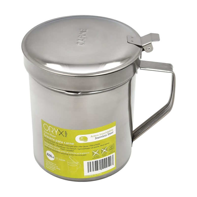 Grasera Acero Inoxidable Para Carne, Aceitera Aceite Usado 1,0 Lts, Con Colador y Tapa, Recipiente Reciclaje Aceite Usado Carne