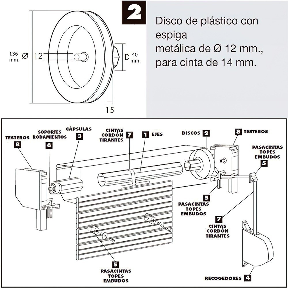 Disco Persiana Plastico Espiga Metalica 136x40 mm, Cinta 14 mm, al por Mayor | Almacén de Ferretería
