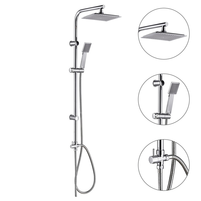 Columna Ducha Universal Multifuncional Completa Cuadrada, Acero inoxidable, Rociador Alcachofa Efecto Lluvia 22,5x22,5 cm,