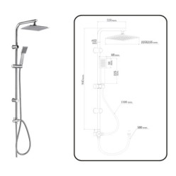 Columna Ducha Universal Multifuncional Completa Cuadrada, Acero inoxidable, Rociador Alcachofa Efecto Lluvia 22,5x22,5 cm,
