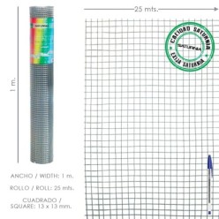 Malla Electrosoldada Galvanizada 13x13 / Altura 100 cm, Rollo 25 Metros Uso Domestico