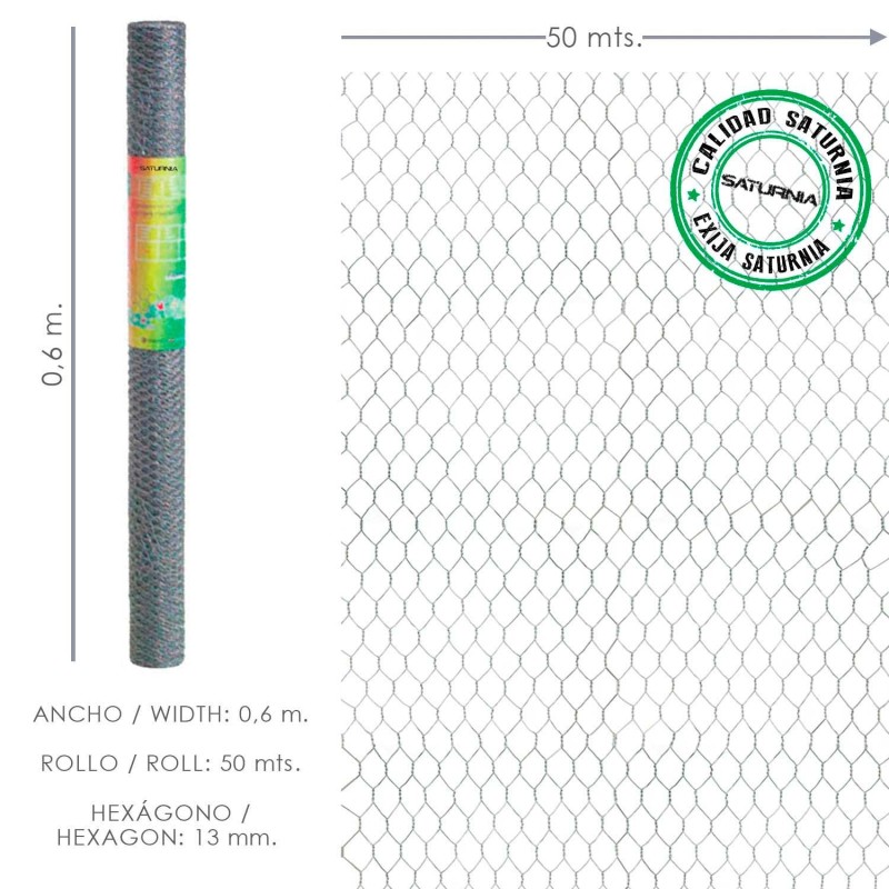 Enrejado Triple Torsion 13/  60 cm, Rollo 50 Metros Uso Domestico