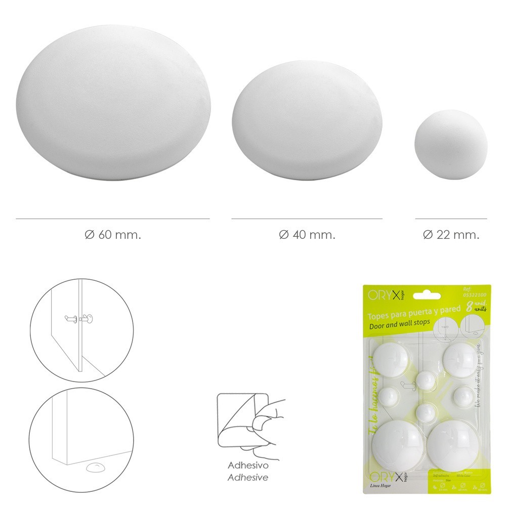 Topes Adhesivos para Paredes / Puertas / Ventanas / Mobiliario 2 x Ø 60 mm, / 2 x 40 mm, / 4 x 22 mm, (Blister 8 piezas) al por 