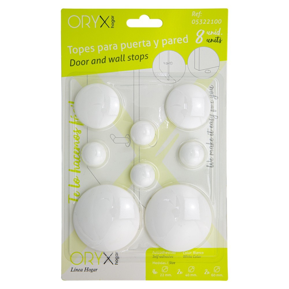 Topes Adhesivos para Paredes / Puertas / Ventanas / Mobiliario 2 x Ø 60 mm, / 2 x 40 mm, / 4 x 22 mm, (Blister 8 piezas) al por 