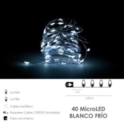 Guirnalda Luces Navidad Microled 40 Leds Color Blanco Frio, Luz navidad interiores IP20 A Pilas (2 CR2032 Incluidas)