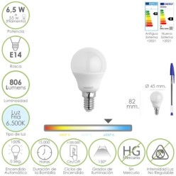 Bombilla Led Esfera Rosca E14, 6,5 Watt, Equivale A 55 Watt, 806 Lumenes, Luz Fría 6500º K,