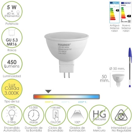 Bombilla Led Dicroica Rosca GU 5,3 / MR16, 5 Watt, Equivale A 40 Watt, 405 Lumenes, Luz Cálida (3000º K,)