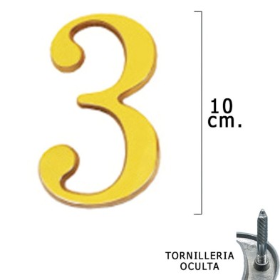 Numero Latón "3" 10 cm, con Tornilleria Oculta (Blister 1 Pieza)