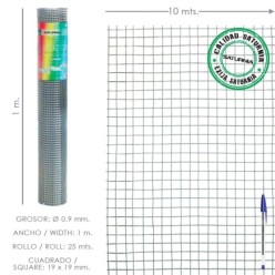 Malla Electrosoldada Ligera Galvanizada 19x19 Alto 100 cm, Rollo 10 Metros Uso Domestico
