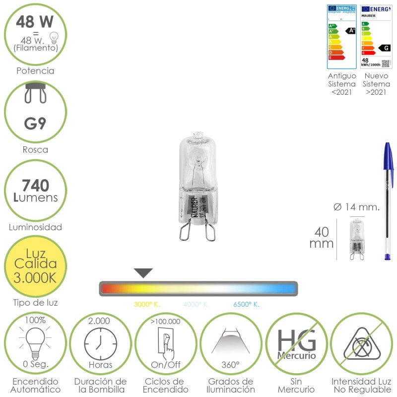 Bombilla Halogena G-9, 48 W, 460 lumenes, Luz cálida (3,000º K)