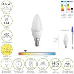 Bombilla Led Vela Rosca E14, 4,5 Watt, Equivale A 35 Watt, 470 Lumenes, Luz Cálida (2700º K)