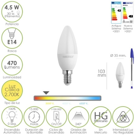Bombilla Led Vela Rosca E14, 4,5 Watt, Equivale A 35 Watt, 470 Lumenes, Luz Cálida (2700º K)