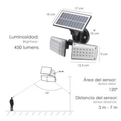 Aplique Solar Led Doble Con Sensor de Movimiento / Crepuscular 450 Lumenes, Protección IP65