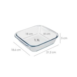 Fuente Horno Cristal Borosilicato Cuadrada 1,1litros, 18x18 cm, Ideal Meclas, Ensaladas, Postres, Cocina, Resposteria, Libre BPA