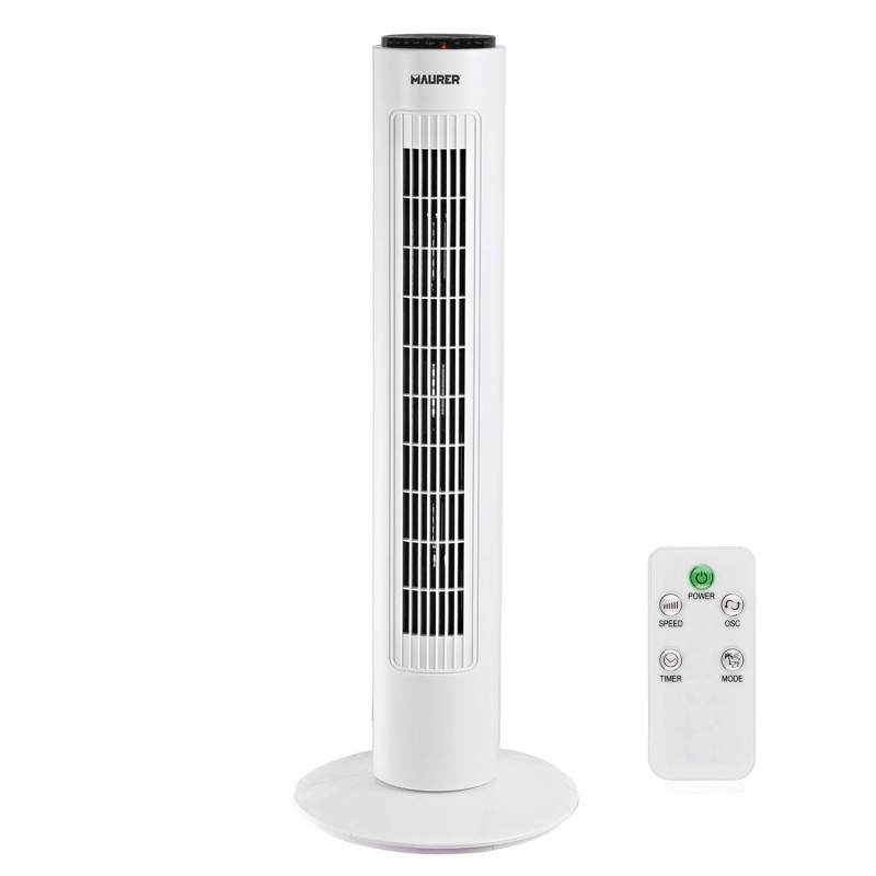 Ventilador Maurer Torre 73 cm 3 Velocidades, Funcion Oscilante, Con Temporizador y Mando a Distancia,